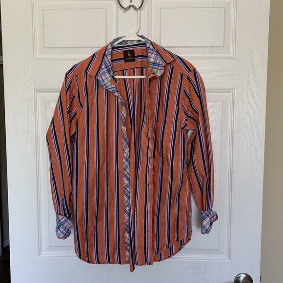 Tailorbyrd Men’s Medium Flip Cuff Long Sleeve Shirt Orange Stripe Button - Picture 2 of 9